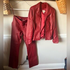 90s Y2K Cache Red Genuine Leather Suit Jacket Pants Small 4
